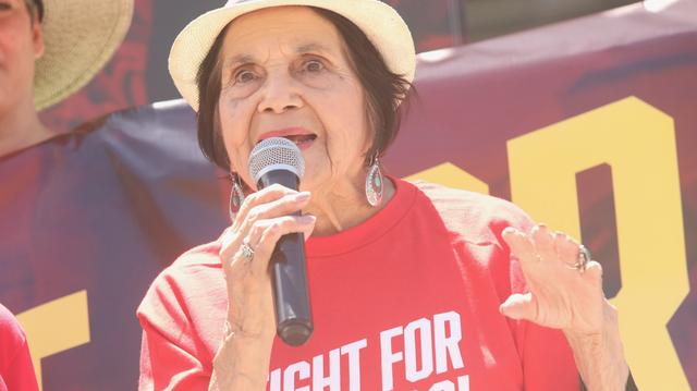 Former educator and civil right activist and labor leader Dolores Huerta joined teachers on May 17 in Hanford, CA in their fight for schools asking U.S. Rep. David Valadao to defend funding for valley schools and urge the Republican congressman to oppose federal cuts to public education.
